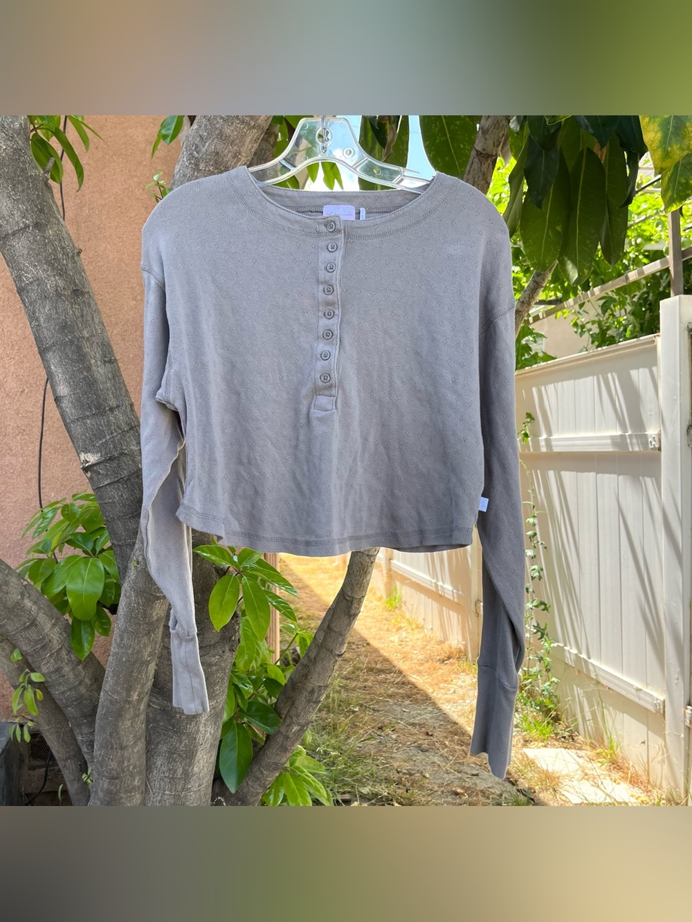 Urban Outfitters Out From Under Pointelle Oversized Long Sleeve Crop Top in Grey